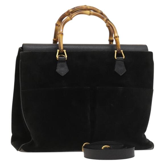 GUCCI Bamboo Hand Bag Suede Black Gold 002 123 002 123 - Picture 1 of 16